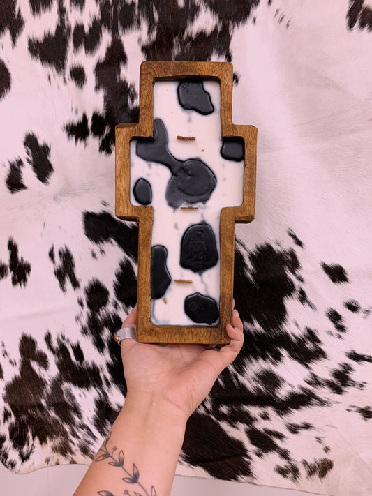 Wooden Cross Cow Print Candle