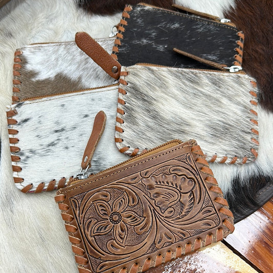 Cowhide + Tooled Leather Coin Pouch